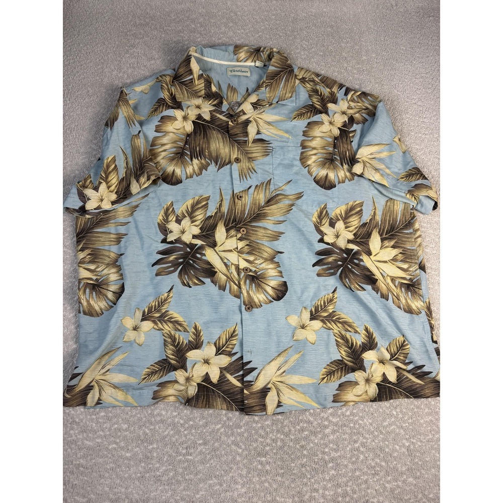 Caribbean Shirt Mens 3XB Blue Silk Floral Hawaiian Short Sleeve Button Up Casual